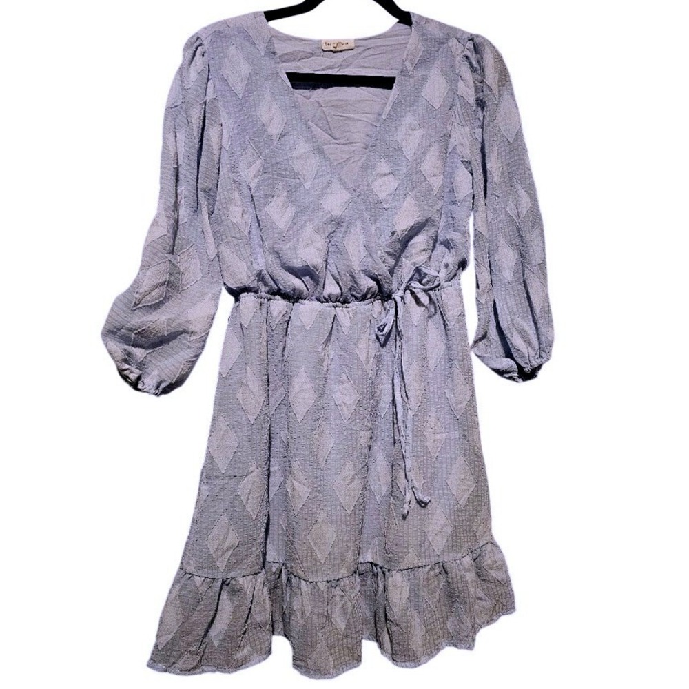 Blu Pepper Light Blue‎ Diamond Jacquard V-Neck Mini Dress Small Balloon Sleeve